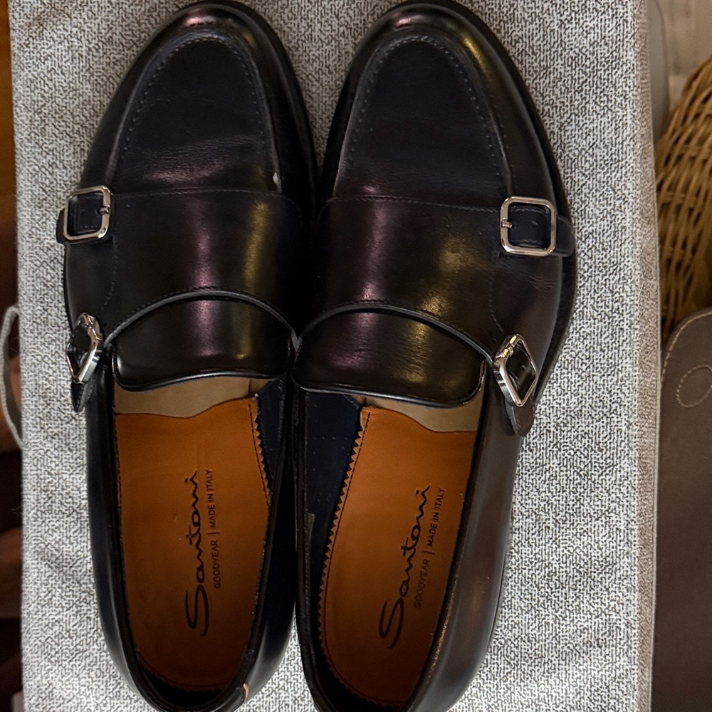 Santoni Black Leather Double Monk Strap Loafers